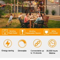 Zotoyi Outdoor Led String Lights, 100Ft St38 Waterproof Ip65 Patio String Lights With 50+2 Dimmable Led Filaments Shatterproof Plastic Bulbs, Vintage Backyard Lights For Bistro Gazebos Party Wedding