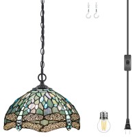 Werfactory Tiffany Pendant Light Plug In Sea Blue Stained Glass Dragonfly 12 Inch Hanging Lamp S147 Series