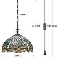 Werfactory Tiffany Pendant Light Plug In Sea Blue Stained Glass Dragonfly 12 Inch Hanging Lamp S147 Series