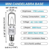 Vinaco E11 Light Bulb, 2 Pack E11 Halogen Bulb 100W Long Lasting Lifespan, T4 E11 Dimmable, High Output 1700Lm Jde11 120V 100W With E11 Mini Candelabra Base, 2800K Warm White E11 Bulb