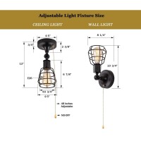 Industrial Farmhouse Close To Ceiling Light With Pull Chain 1 Light Black Semi Flush Mount Ceiling Light Adjustable Metal Cage Directional Wall Sconce Wall Lamp With Pull String For Kitchen Laundry