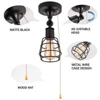 Industrial Farmhouse Close To Ceiling Light With Pull Chain 1 Light Black Semi Flush Mount Ceiling Light Adjustable Metal Cage Directional Wall Sconce Wall Lamp With Pull String For Kitchen Laundry