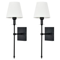 Pauwer Slim Wall Sconce Set Of 2 White Fabric Shades Wall Sconce Hardwired Indoor Wall Light Column Stand Bedroom Wall Lamps Bathroom Vanity Light Fixture, Black