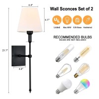 Pauwer Slim Wall Sconce Set Of 2 White Fabric Shades Wall Sconce Hardwired Indoor Wall Light Column Stand Bedroom Wall Lamps Bathroom Vanity Light Fixture, Black