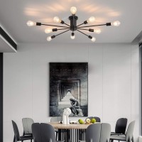 Garwarm Semi Flush Mount Ceiling Light 10Light Modern Black Sputnik Chandelier Industrial Ceiling Lamp For Kitchen Dining Room