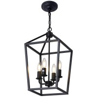 Pakokula 4Light Black Farmhouse Chandelier Iron Lantern Pendant Light Rustic Cage Hanging Light Fixtures Industrial Foyer Light