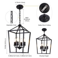 Pakokula 4Light Black Farmhouse Chandelier Iron Lantern Pendant Light Rustic Cage Hanging Light Fixtures Industrial Foyer Light