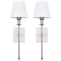 Pauwer Slim Wall Sconce Set Of 2 White Fabric Shade Wall Sconce Hardwired Indoor Wall Light Column Stand Bedroom Wall Lamp Bathroom Vanity Light Fixture, Brushed Nickel