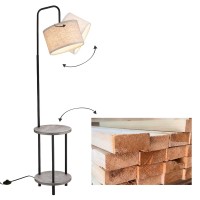 Elyona Rubber Wood Floor Lamp - Rustic Side Table Lamp For Bedroom & Living Room - Mid Century Modern Floor Lamp With End Table For Farmhouse - Industrial Tall Pole Reading Standing Light - Grey