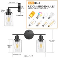 Folksmate Bathroom Light Fixtures, 2 Light Matte Black Vanity Light, Vintage Wall Sconces Lighting, Modern Bath Wall Mounted Lights With Glass Shade