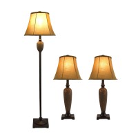 Accessorize your space with this tastefully designed lamp set It includes 2 table lamps and 1 floor lamp each with a light brown fabric shade to make beautifying your home a cinch Each lamp is enriched with an exquisite Hammered Bronze finish We believe t