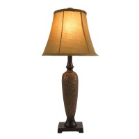 Accessorize your space with this tastefully designed lamp set It includes 2 table lamps and 1 floor lamp each with a light brown fabric shade to make beautifying your home a cinch Each lamp is enriched with an exquisite Hammered Bronze finish We believe t