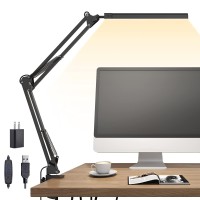 Tropicaltree Led Desk Lamp, Swing Arm Light With Clamp, 3 Lighting 10 Brightness Eye-Caring Modes, Reading Lamps For Home Office 360 Degree Spin Usb Adapter & Memory Function Black-14W