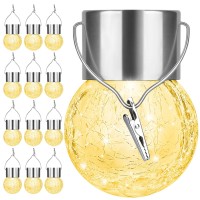 12Pack Hanging Outdoor Solar Lights - Decorative Cracked Glass Led Ball Lights Waterproof Tree Solar Powered Globe Lights With Handle For Garden Yard Patio Fence Christmas Decoration, Warm White