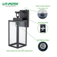 Lit-Path Dusk To Dawn Outdoor Wall Lantern, Wall Sconce As Porch Lighting Fixture, E26 Medium Base Max 60W, Anti-Rust Metal With Glass Shade, Black, 1-Pack