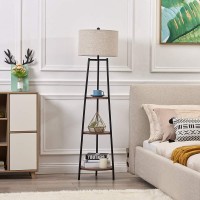 Rosen Garden Floor Lamp, Standing Reading Light With Shelves And Fabric Shade, Modern Tall Pole Lamp, Accent Furniture D?Or Lighting For Living Room, Bedrooms Black