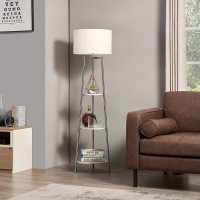 Rosen Garden Floor Lamp, Standing Reading Light With Faux Marble Shelves And Fabric Shade, Modern Tall Pole Lamp, Accent Furniture D?Or Lighting For Living Room, Bedrooms Silver