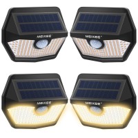 Meikee Solar Outdoor Lights Motion Sensor, 150 Led 2700K Warm White Motion Detected Flood Light 270 Wide Angle Ip65 Waterproof Security Lighting For Garden Patio Porch Deck Garage Fence 4 Pack