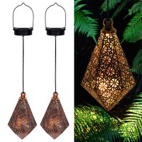 Maggift 2 Pack Solar Hanging Lights Solar Powered Retro Lantern With Handle Warm White Led Christmas Garden Lights Metal Diam