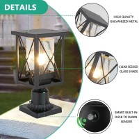 Eeru Dusk To Dawn Outdoor Post Light Fixtures Modern Exterior Post Top Lantern With Photocell Sensor, Pier Mount Black Pillar Light With Seeded Glass Waterproof Pole Lamp For House Backyard Patio