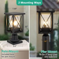 Eeru Dusk To Dawn Outdoor Post Light Fixtures Modern Exterior Post Top Lantern With Photocell Sensor, Pier Mount Black Pillar Light With Seeded Glass Waterproof Pole Lamp For House Backyard Patio