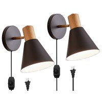 Plug In Wall Sconces Set Of 2 For Bedroom, Black Dimmable Wood Wall Sconce Reading Lamp With Plug In Cord, Adjustable Wall Lighting For Bedroom Hallway Living Room(1.8M Plug In Cord/No Hardwired)