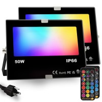 Hekee Rgb Led Flood Light 50W, Outdoor Color Changing Diy Customized Strobe Mode, Stage Landscape Lighting,Floodlights 12 Colors & 4 Modes, Remote Control Included, Timing Ip66 Waterproof (2 Pack)