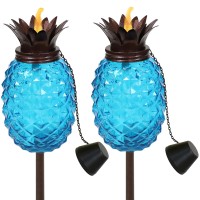 Sunnydaze Tropical Pineapple 3-In-1 Glass Patio Torches - 23- To 63-Inch Adjustable Height - Set Of 2 - Blue