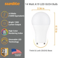 Sunlite 40225 Led A19 Light Bulb 14 Watts 100W Equivalent 1500 Lumens Gu24 Twist And Lock Base Dimmable Ul Listed 4000K C