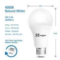 Noger 3-Way Led Light Bulbs A21, 50 100 150W Equivalent, 4000K Natural White, 3 Way E26 Light Bulbs For Reading, 500-1600-2200Lm, 2 Pack