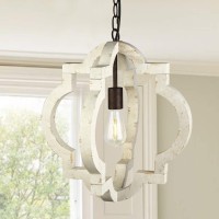 Wochos Farmhouse Orb Chandelier 1-Light Rustic Handmade Wood Chandelier Light Fixture For Dining Room, Kitchen, Living Rooms And Hallway, White, D 16.5