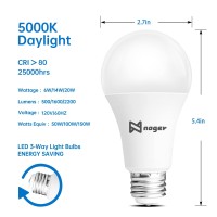 Noger 3-Way Led A21, 50 100 150W Equivalent, 5000K Daylight, E26 Light Bulbs For Reading, 500-1600-2200Lm, 2 Pack