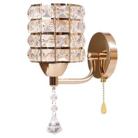 Crystal Wall Sconce Modern Led Wall Lighting Fixture E27 Decorative Wall Mount Lamp With Pull Chain Switch For Bedroom Living Room Aisle Study Room Hallway (Single Head, Gold)