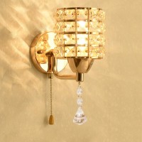 Crystal Wall Sconce Modern Led Wall Lighting Fixture E27 Decorative Wall Mount Lamp With Pull Chain Switch For Bedroom Living Room Aisle Study Room Hallway (Single Head, Gold)