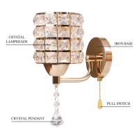 Crystal Wall Sconce Modern Led Wall Lighting Fixture E27 Decorative Wall Mount Lamp With Pull Chain Switch For Bedroom Living Room Aisle Study Room Hallway (Single Head, Gold)