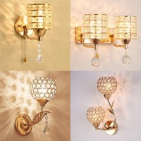 Crystal Wall Sconce Modern Led Wall Lighting Fixture E27 Decorative Wall Mount Lamp With Pull Chain Switch For Bedroom Living Room Aisle Study Room Hallway (Single Head, Gold)