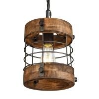 Wochos Retro Industrial Metal And Wood Chandelier 1Light Round Cage Pendant Light Fixture For Kitchen Island Foyer Hallway Bar