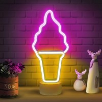 Lumoonosity Ice Cream Neon Sign - Ice Cream Neon Lights For Bedroom Decorations - Battery/Usb Powered Ice Cream Shaped Night Light With Stand - Ice Cream Led Signs - Pink & Yellow Ice Cream Cone Light