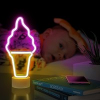 Lumoonosity Ice Cream Neon Sign - Ice Cream Neon Lights For Bedroom Decorations - Battery/Usb Powered Ice Cream Shaped Night Light With Stand - Ice Cream Led Signs - Pink & Yellow Ice Cream Cone Light