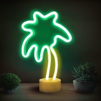 Lumoonosity Palm Tree Lights Neon Signs - Coconut Tree Neon Light For Bedroom, Desktop, Tabletop Decor - Battery/Usb Powered Led Palm Tree Light - Palm Tree Lamp With Stand- Green&Yellow Led Sign