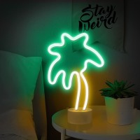 Lumoonosity Palm Tree Lights Neon Signs - Coconut Tree Neon Light For Bedroom, Desktop, Tabletop Decor - Battery/Usb Powered Led Palm Tree Light - Palm Tree Lamp With Stand- Green&Yellow Led Sign