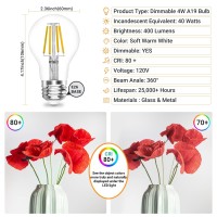 A19 E26 Base Dimmable Edison Led Bulb, 4W(40 Watt Equivalent) Stepless Dimming Light Bulbs 400Lm, 3000K Soft Warm White, Vintage Clear Glass Led Filament Bulb For Home, Wall Sconce, Chandelier, 6 Pack