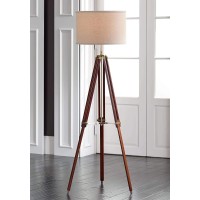 Surveyor Modern Tripod Floor Lamp Cherry Wood Beige Linen Drum Shade For Living Room Reading Bedroom Office Brown