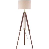 Surveyor Modern Tripod Floor Lamp Cherry Wood Beige Linen Drum Shade For Living Room Reading Bedroom Office Brown