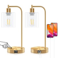 Lodstob Gold Industrial 3-Way Dimmable Table Lamps Set Of 2,Vintage Touch Control Brass Desk Lamps With 2 Usb Ports,Bedside Nightstand Lamps With Glass Shade For Reading,Living Room,Bulbs Included