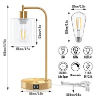 Lodstob Gold Industrial 3-Way Dimmable Table Lamps Set Of 2,Vintage Touch Control Brass Desk Lamps With 2 Usb Ports,Bedside Nightstand Lamps With Glass Shade For Reading,Living Room,Bulbs Included