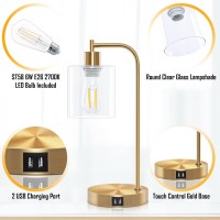 Lodstob Gold Industrial 3-Way Dimmable Table Lamps Set Of 2,Vintage Touch Control Brass Desk Lamps With 2 Usb Ports,Bedside Nightstand Lamps With Glass Shade For Reading,Living Room,Bulbs Included