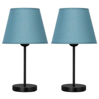 Eteli Table Lamp Set Of 2 Nightstand Desk Lamp Bedside Night Light With Blue Fabric Lampshade And Black Metal Base Small Lamps For Bedroom Living Room Dresser College Dorm