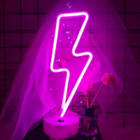 Vifulin Pink Lightning Bolt Neon Signs Light, Pink Neon Sign Aesthetic Room Decor For Bedroom Aesthetic Battery/Usb Operated Lightning Bolt Light, Gift Idea Kawaii Room Decor Led Light With Base