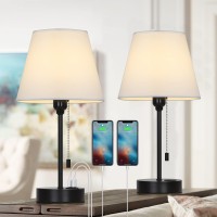 Caduke Usb Table Lamp Set Of 2, Bedside Nightstand Desk Lamp With Dual Usb Charging Ports, Modern Small Metal Lamps With White Fabric Shade For Bedroom, Living Room, Office, Dorm Room, Study Desk